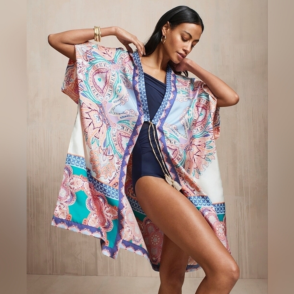 Chico's Silk Ruana Kimono Sz Medium Small Colorful Medallion Elegant Ethereal